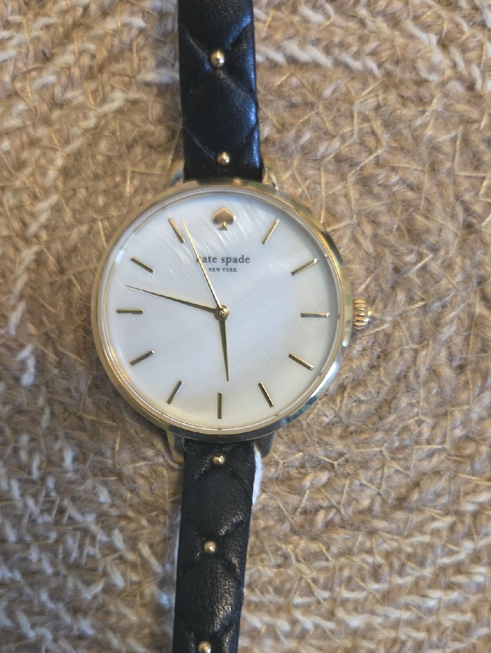 kate spade Gold-Tone Round Dial Watch with Black Quilted Strap With New Battery